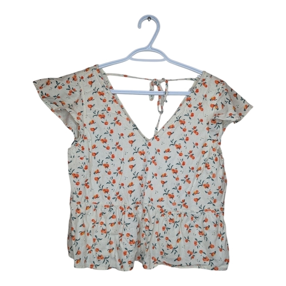 Abercrombie & Fitch Women's XS Peplum Blouse - Peach Print V-Neck Flutter Sleeve